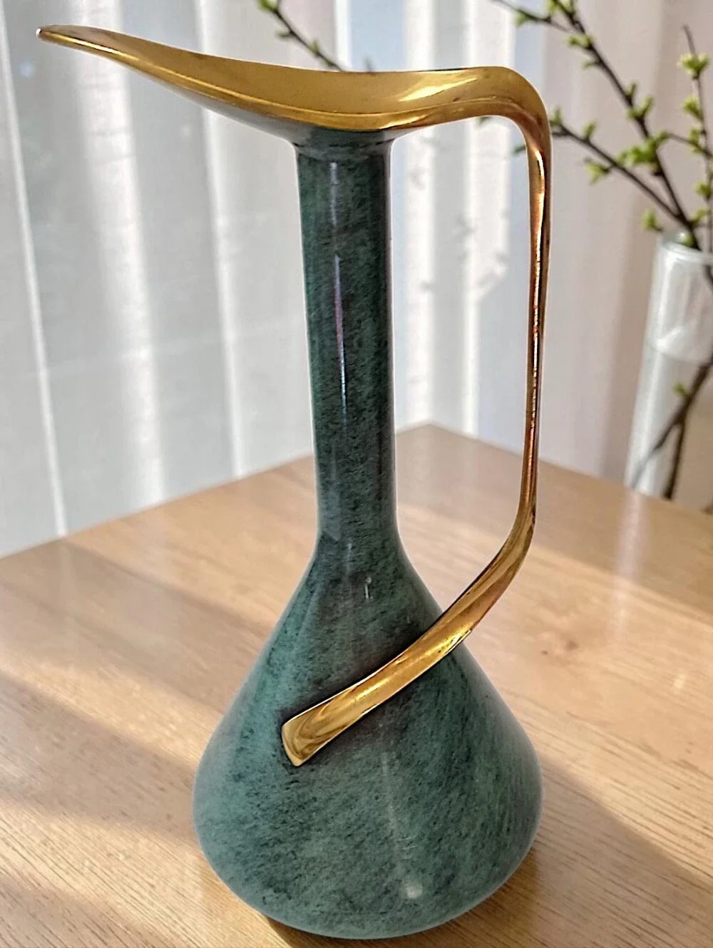Vintage Pal Bell Brass Ewer Pitcher Israel Green Enamel MCM Modernist Freeform